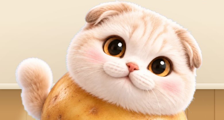 Potatchi, a cat in a potato, on a knitted cushion in her small room with a window and a lamp.
